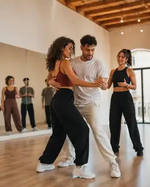 Pareja practicando salsa y bachata durante una clase