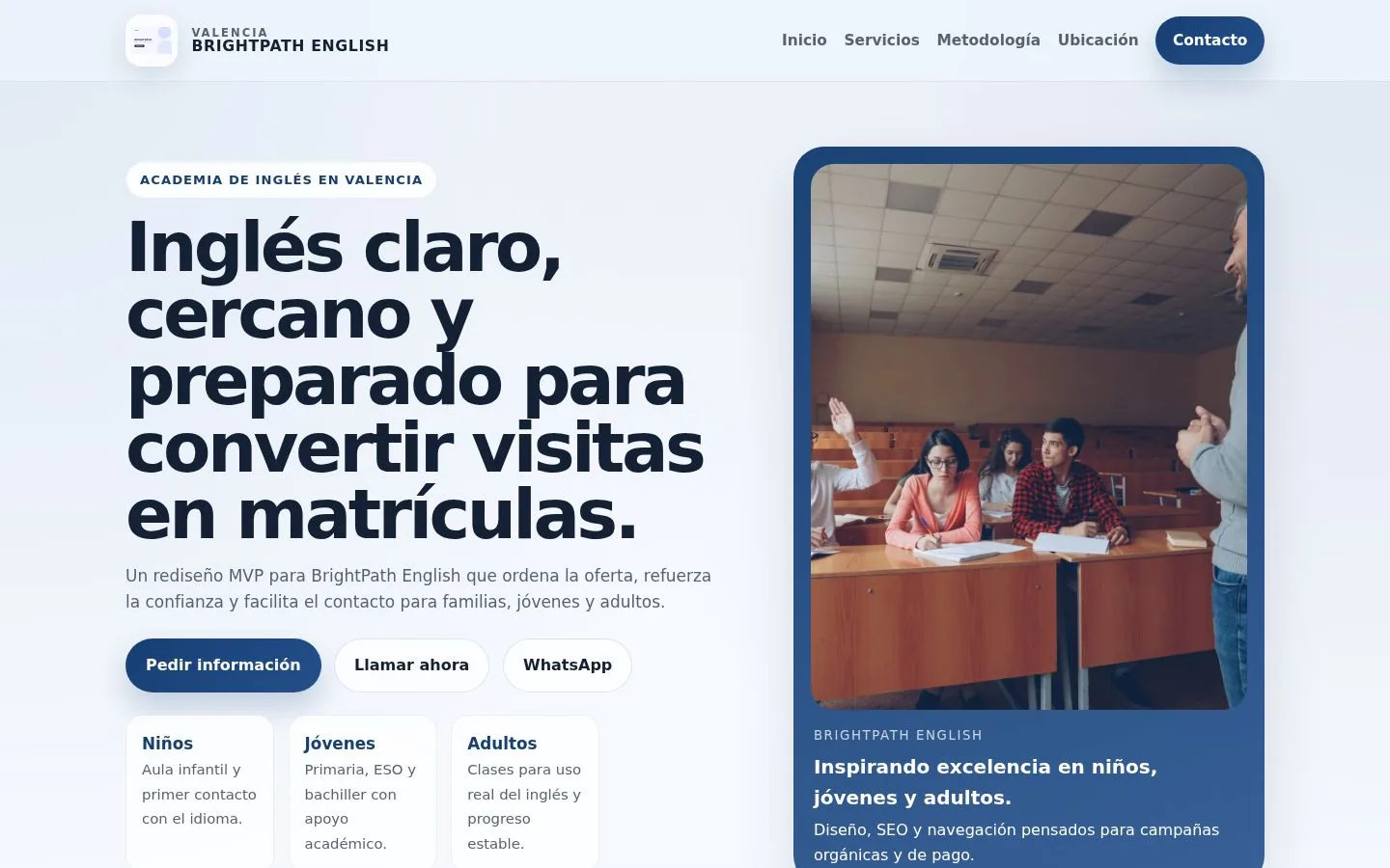 Demo ficticia BrightPath English como ejemplo de web para una academia
