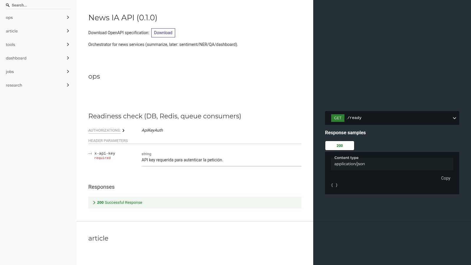 Contrato OpenAPI de News IA API con endpoints editoriales