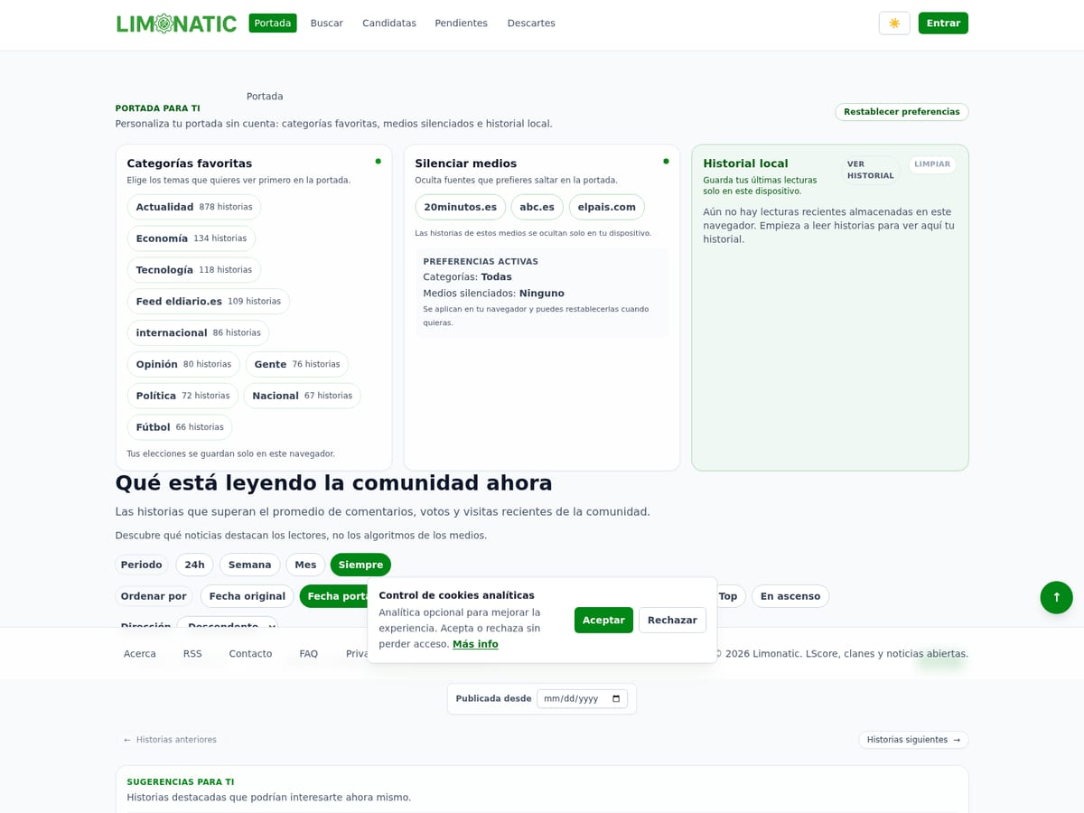 Portada personalizada y actividad reciente de Limonatic