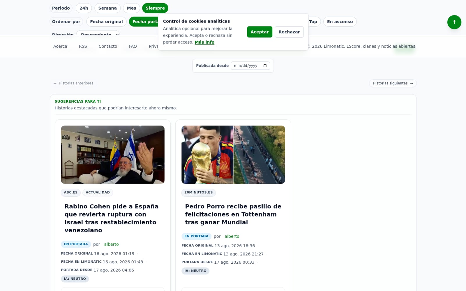 Historias sugeridas y tarjetas de noticias en Limonatic