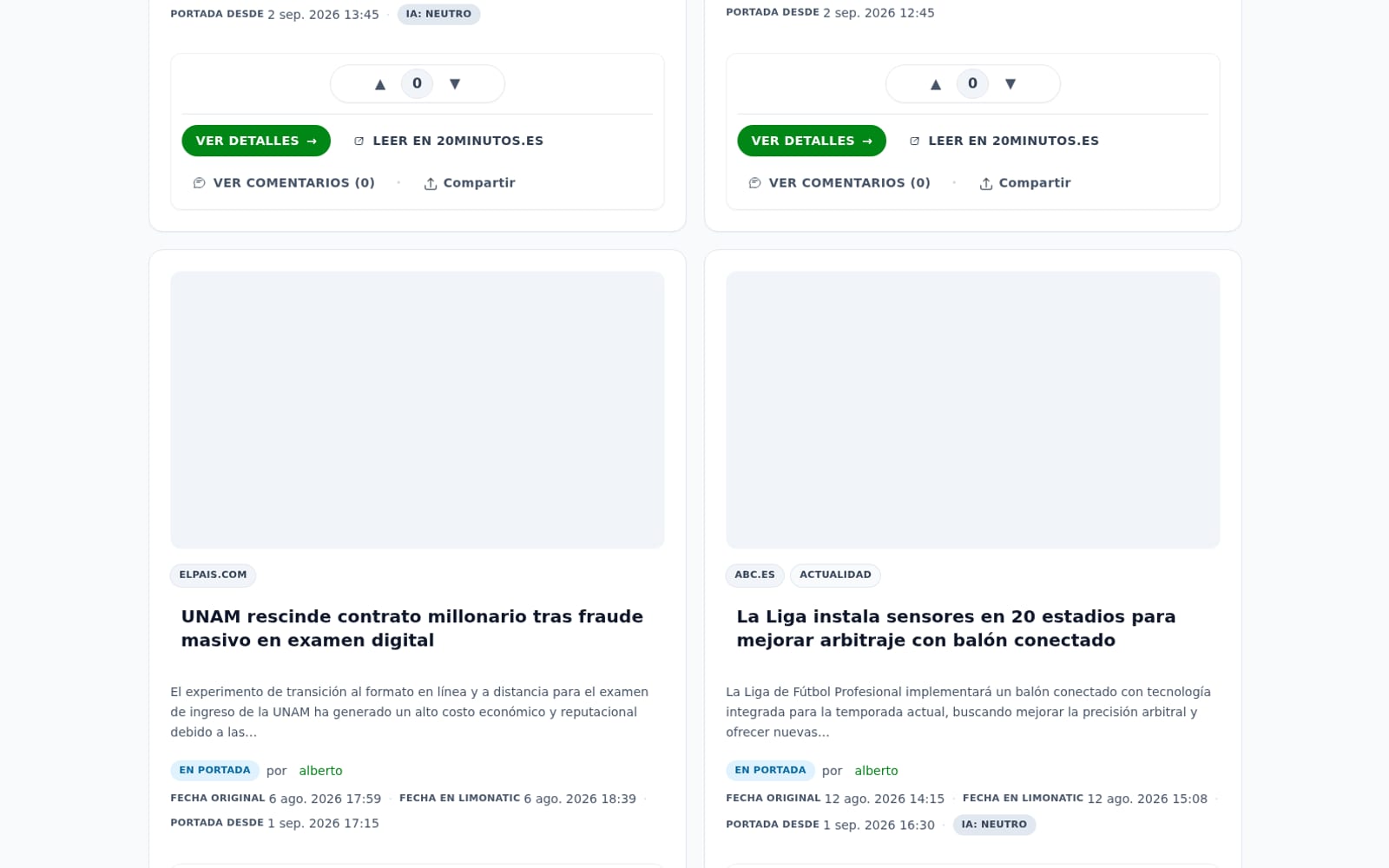 Listado de noticias con filtros y señales de actividad en Limonatic