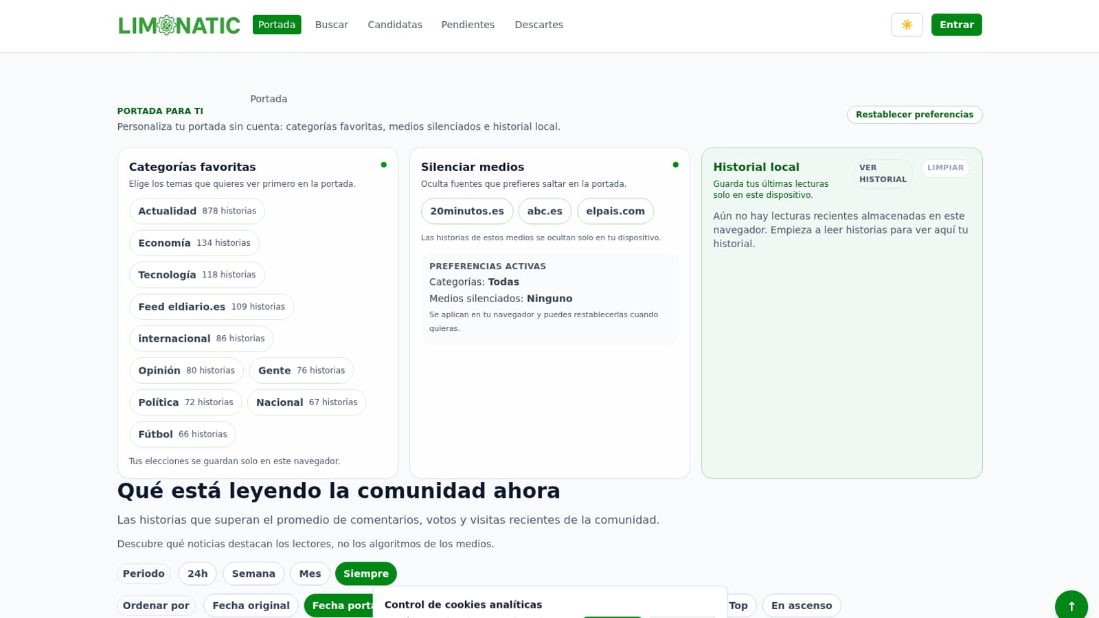 Interfaz real de Limonatic con preferencias de portada y lectura de comunidad