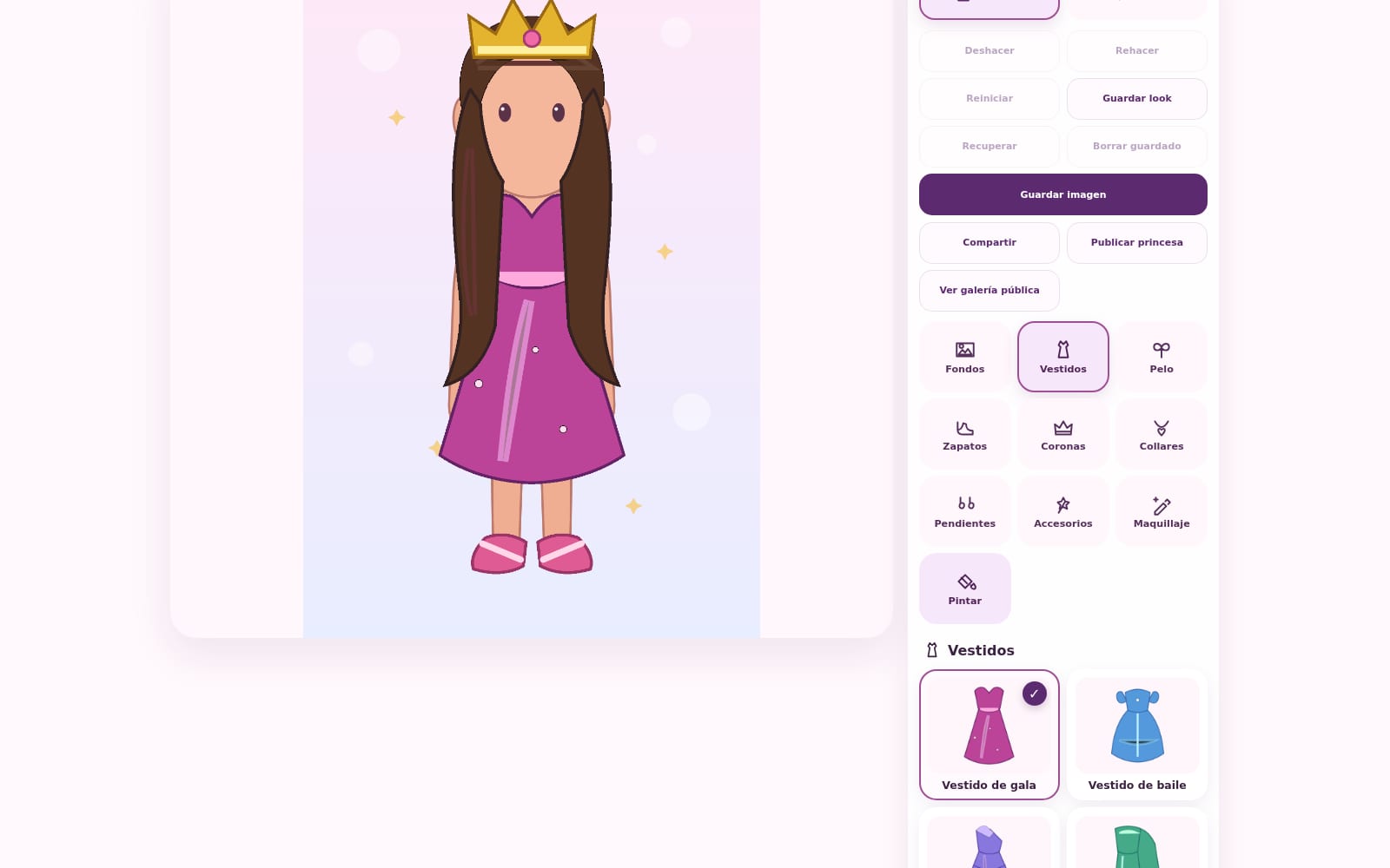 Editor de Mi Princesa con personaje y panel de prendas