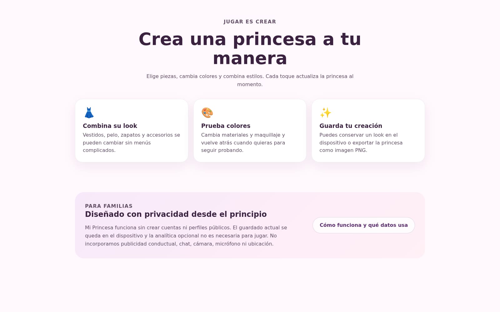 Características de creación y privacidad de Mi Princesa