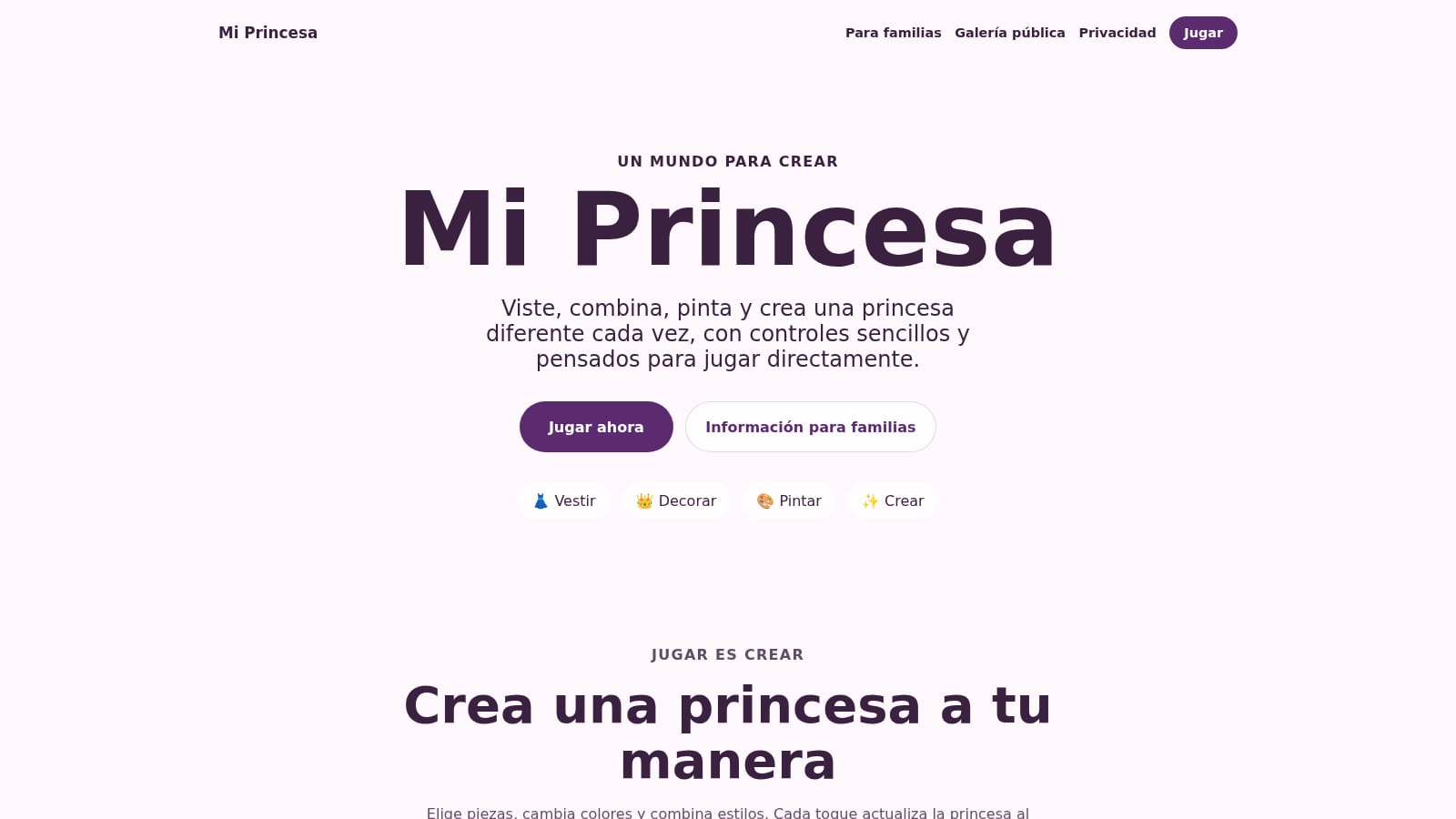Mi Princesa, juego web para crear y vestir una princesa