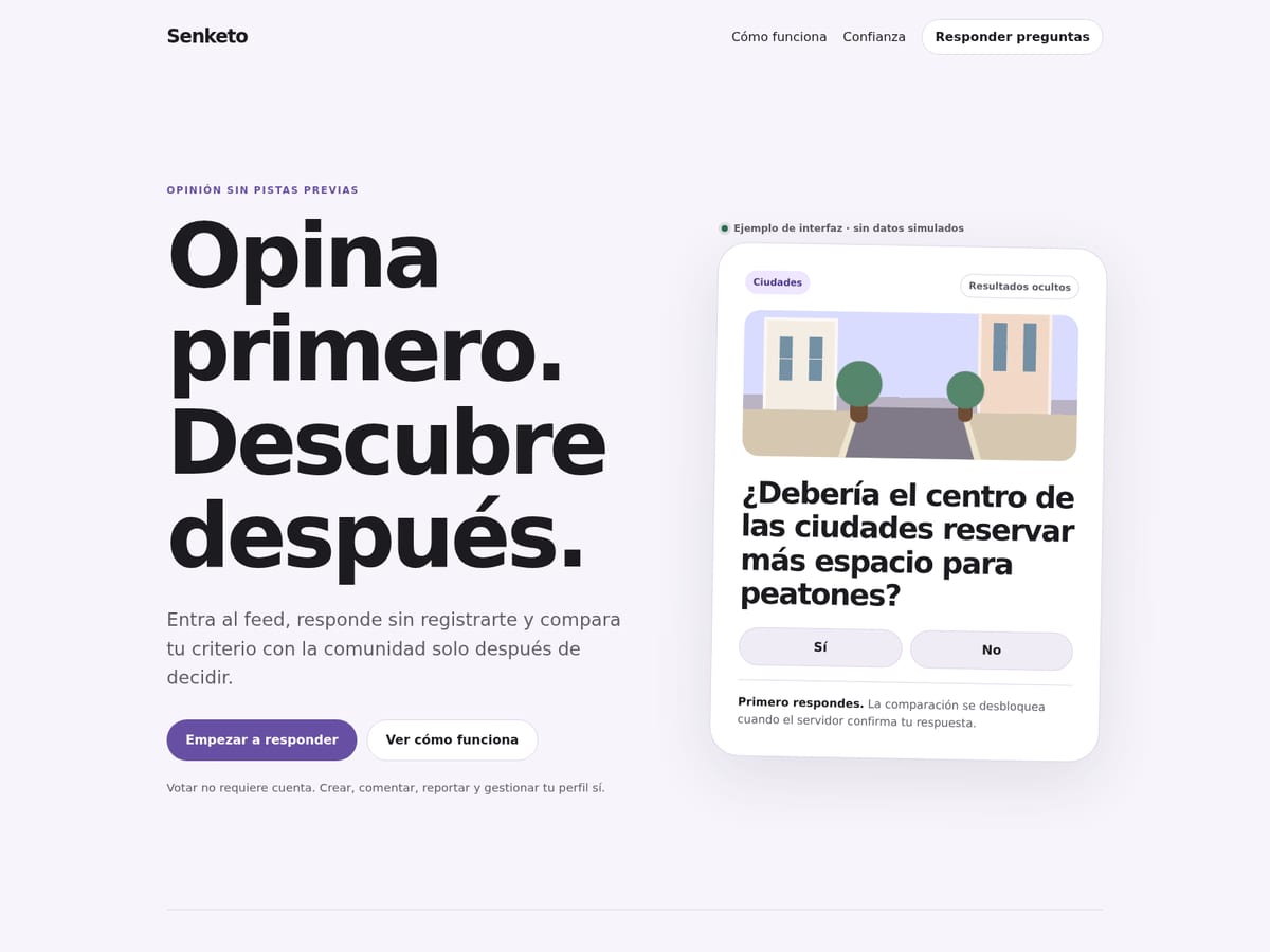 Landing real de Senketo con el mensaje Opina primero, descubre después