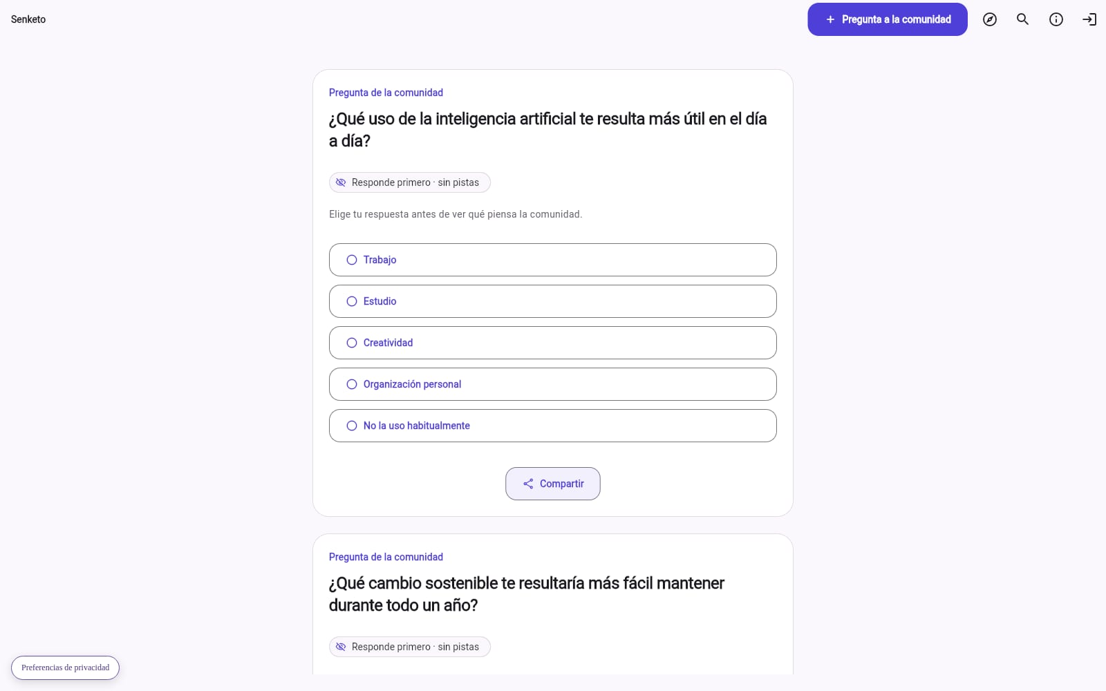 Feed real de Senketo con una pregunta de opción única