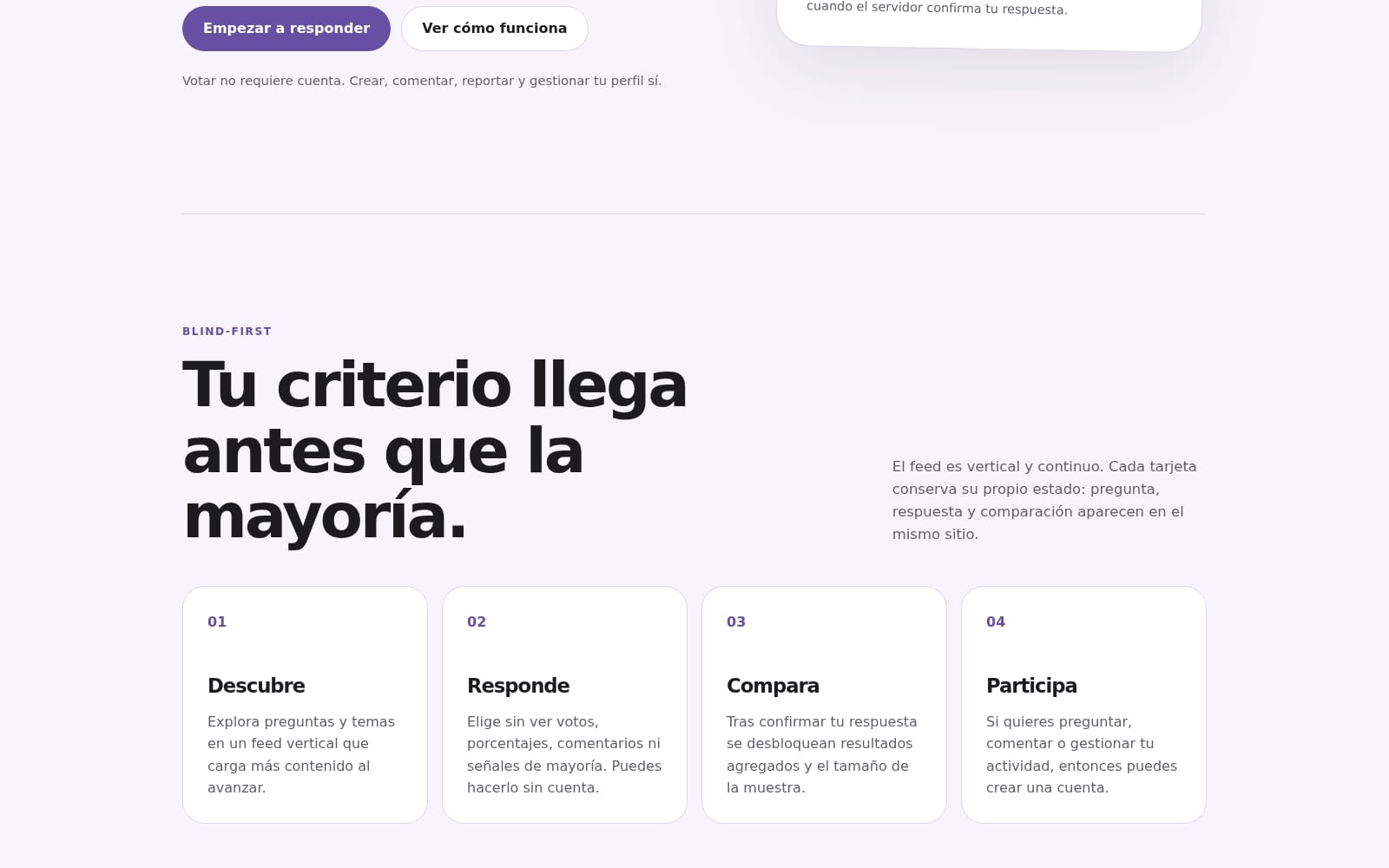 Flujo blind-first de Senketo: descubre, responde, compara y participa